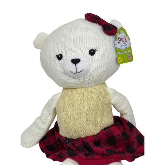 NWT Spark Create Imagine Knit Teddy Bear Plush 0+ Baby Toy Holiday Plaid Skirt - Picture 2 of 5